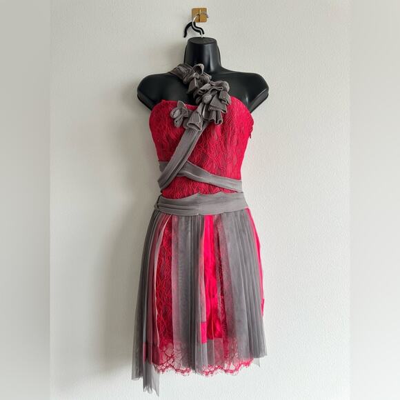 BCBGMAXAZRIA Runway Red Lace & Gray Mesh Ribbon Dress Limited Edition Size 2 NWT - Picture 1 of 10